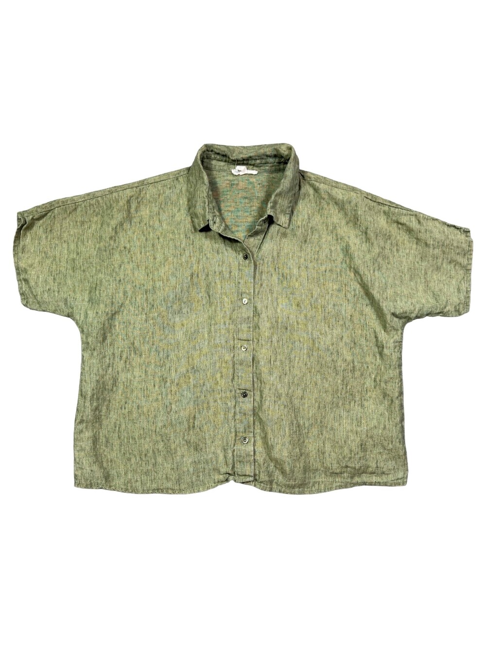 Eileen Fisher Womens S Cropped 100% Organic Linen Button Down Shirt Green Boxy